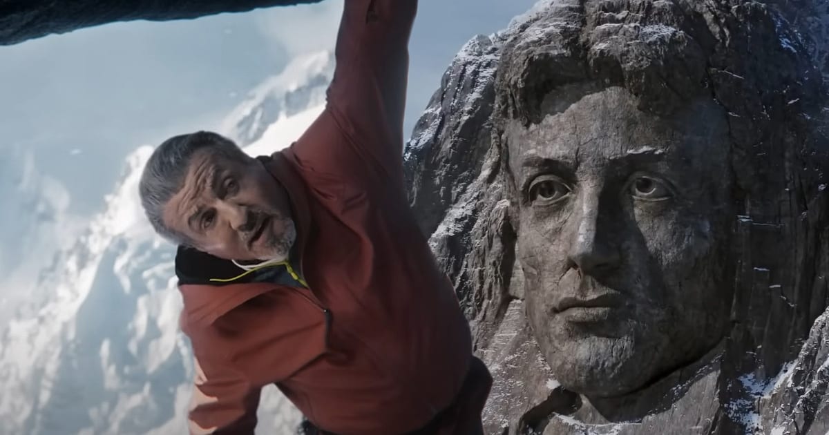 Sylvester Stallone Climbs Mountain of His Face in Super Bowl