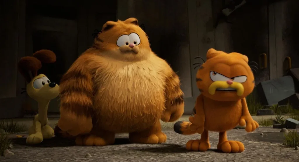 Odie (Harvey Guillen), Vic (Samuel L. Jackson), and Garfield (Chris Pratt) in The Garfield Movie (2024).