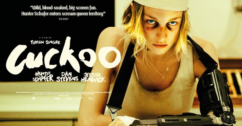Four new posters promote the August release of the horror film Cuckoo, starring Hunter Schafer, Dan Stevens, and Jessica Henwick