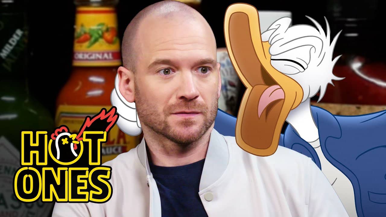 Donald Duck appears on a special episode of Hot Ones to celebrate 90 years of ruffling feathers at Disney