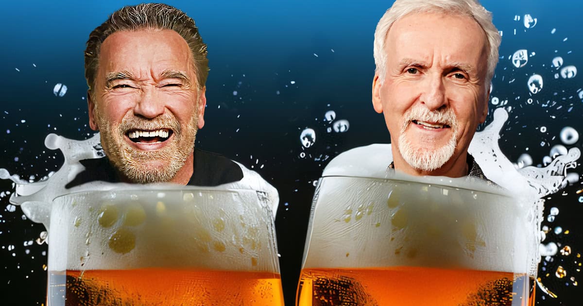 James Cameron can’t believe the size of Arnold Schwarzenegger’s massive beer mug