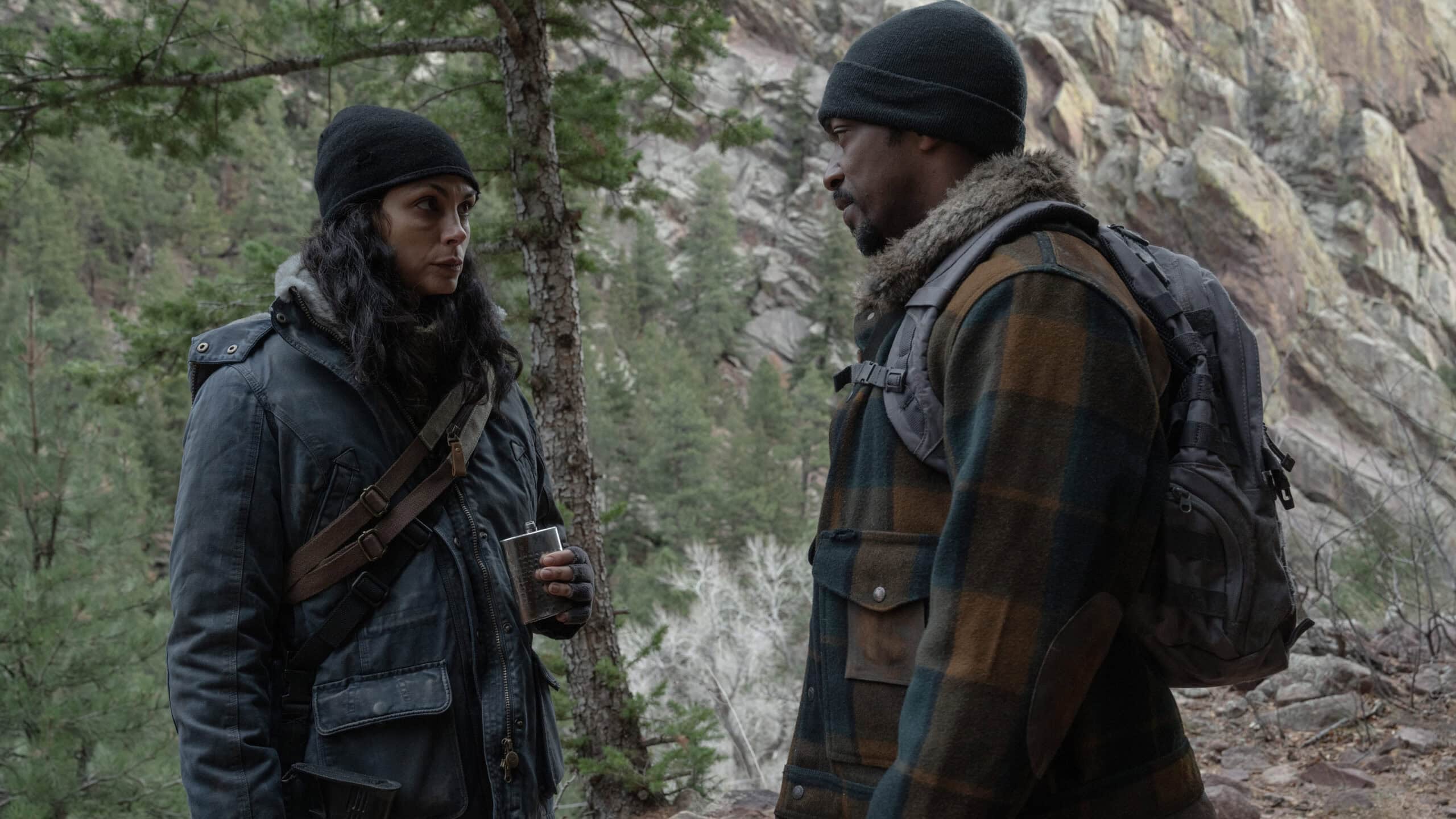 Morena Baccarin and Anthony Mackie in Elevation (2024).